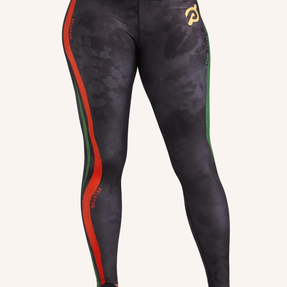 Peloton Black Leggings with Red and Green Stripes